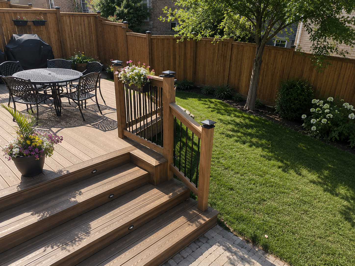Deck with stairs, planters and privacy fence
