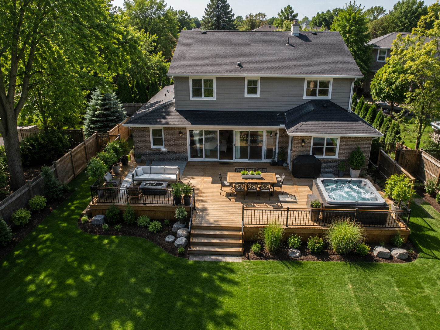 Custom backyard deck with hot tub and dining area