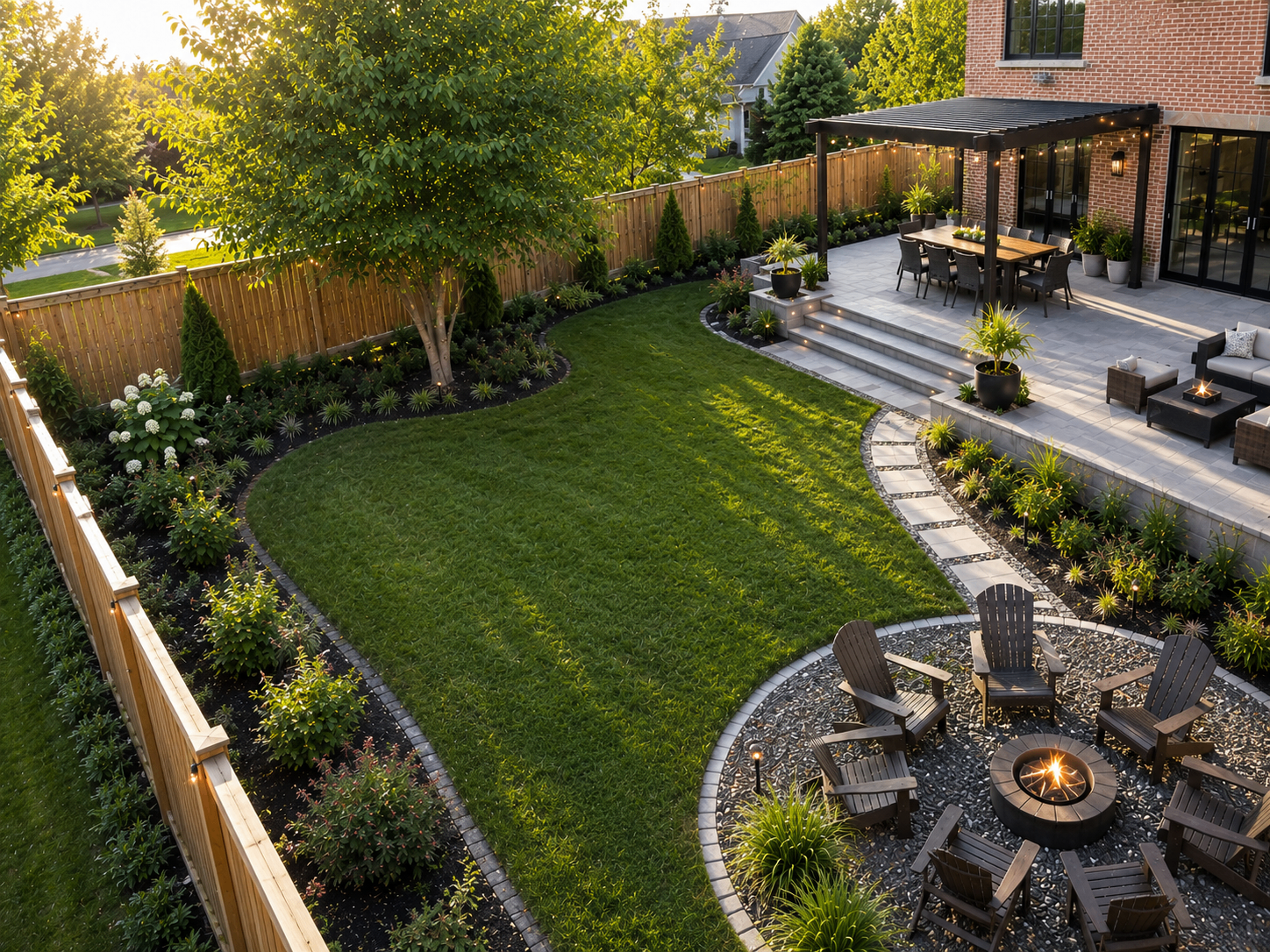 Luxury landscaped property at golden hour