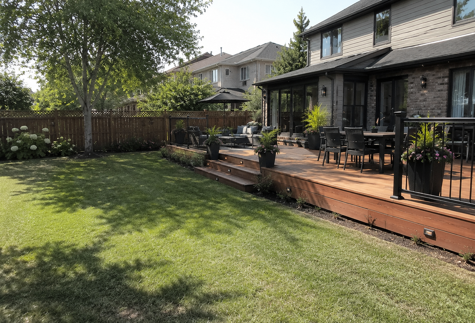 Multi-level wood deck with railings and landscaping